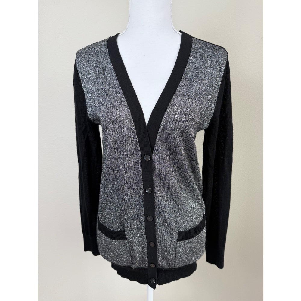 Joan Vass Womens Wool Blend Cardigan 0 Black Silver Metallic Art To Wear Holiday